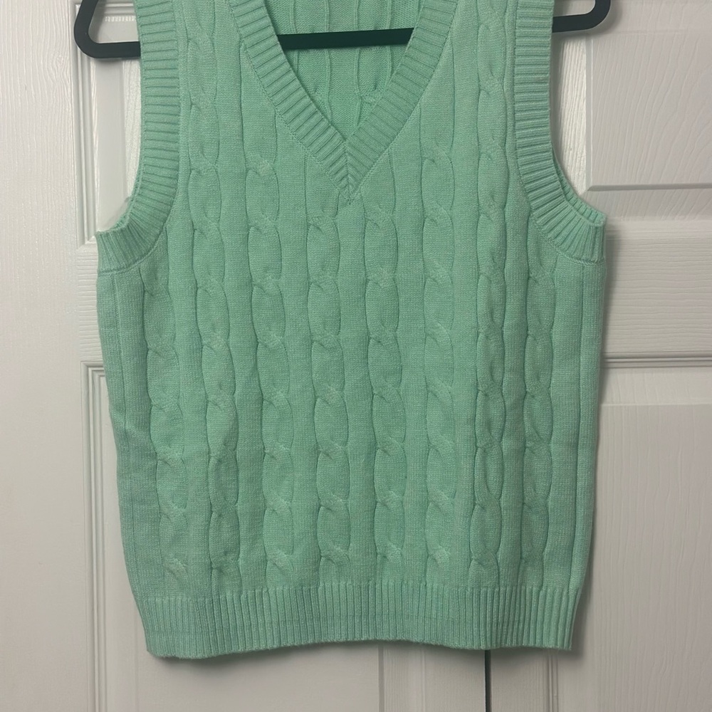 Mint Green Cable Knit Preppy  Large Short Sleeve Sweater Vest